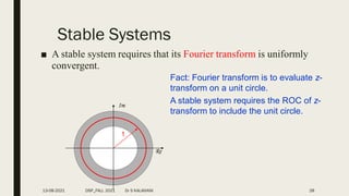 Stable Systems
■ A stable system requires that its Fourier transform is uniformly
convergent.
Re
Im
1
Fact: Fourier transform is to evaluate z-
transform on a unit circle.
A stable system requires the ROC of z-
transform to include the unit circle.
13-08-2021 DSP_FALL 2021 Dr S KALAIVANI 28
 