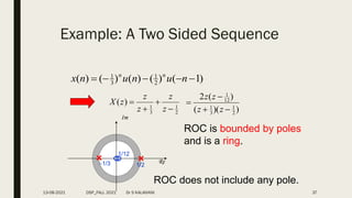 Example: A Two Sided Sequence
)
1
(
)
(
)
(
)
(
)
( 2
1
3
1




 n
u
n
u
n
x n
n
2
1
3
1
)
(




z
z
z
z
z
X
Re
Im
1/2
)
)(
(
)
(
2
2
1
3
1
12
1




z
z
z
z
1/3
1/12
ROC is bounded by poles
and is a ring.
ROC does not include any pole.
13-08-2021 DSP_FALL 2021 Dr S KALAIVANI 37
 