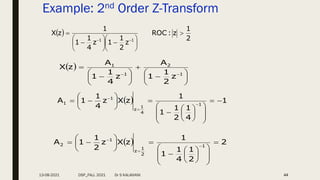 Example: 2nd Order Z-Transform
44
 
2
1
z
:
ROC
z
2
1
1
z
4
1
1
1
z
X
1
1


















 

















 1
2
1
1
z
2
1
1
A
z
4
1
1
A
z
X
  1
4
1
2
1
1
1
z
X
z
4
1
1
A 1
4
1
z
1
1 
























 


  2
2
1
4
1
1
1
z
X
z
2
1
1
A 1
2
1
z
1
2 























 


13-08-2021 DSP_FALL 2021 Dr S KALAIVANI
 