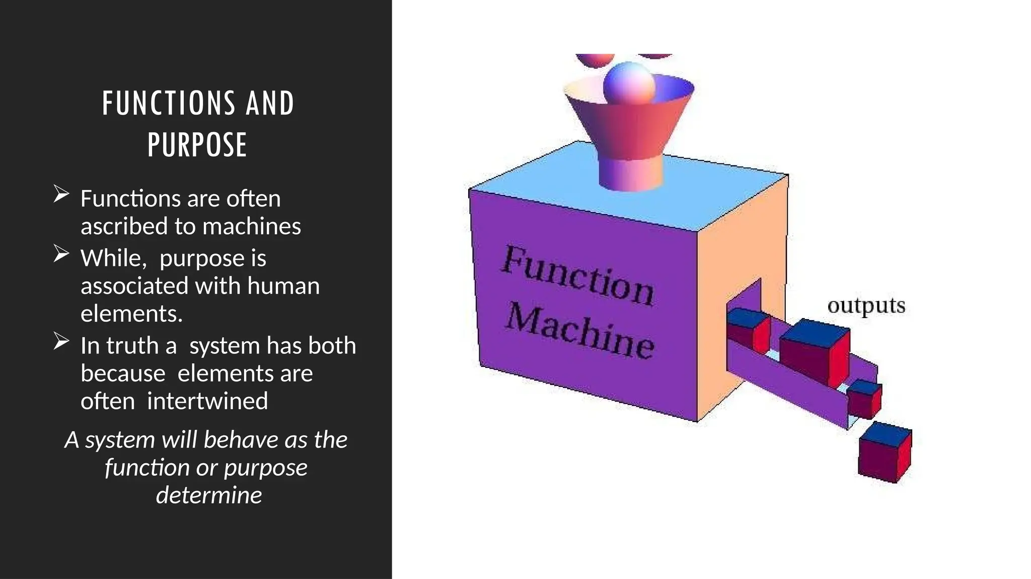 FUNCTIONS AND
PURPOSE
 Functions are often
ascribed to machines
 While, purpose is
associated with human
elements.
 In truth a system has both
because elements are
often intertwined
A system will behave as the
function or purpose
determine
 