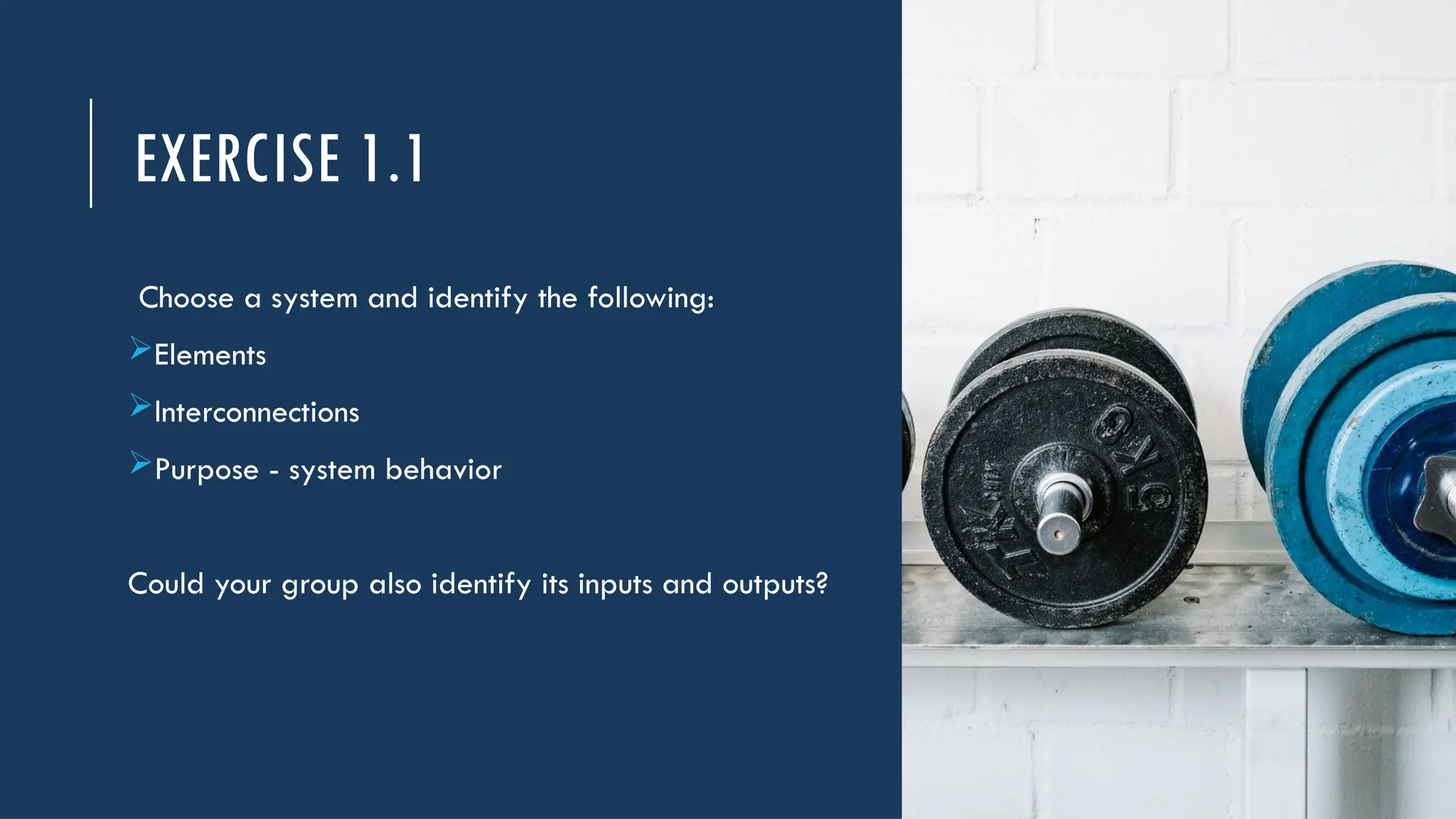 EXERCISE 1.1
Choose a system and identify the following:
Elements
Interconnections
Purpose - system behavior
Could your group also identify its inputs and outputs?
 
