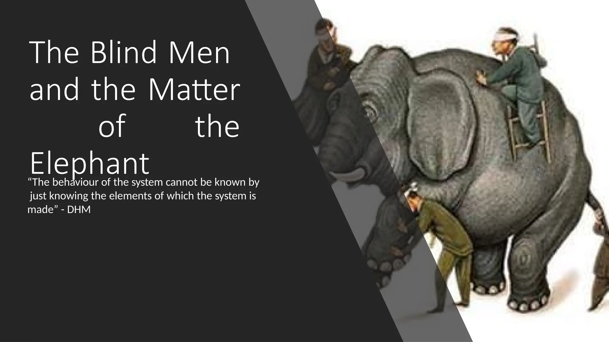 The Blind Men
and the Matter
of the
Elephant
“The behaviour of the system cannot be known by
just knowing the elements of which the system is
made” - DHM
 