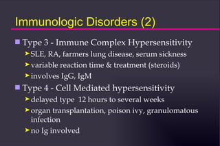 Immunologic Disorders (2)
s   Type 3 - Immune Complex Hypersensitivity
    ® SLE, RA, farmers lung disease, serum sickness
    ® variable reaction time & treatment (steroids)
    ® involves IgG, IgM

s   Type 4 - Cell Mediated hypersensitivity
    ® delayed  type 12 hours to several weeks
    ® organ transplantation, poison ivy, granulomatous
      infection
    ® no Ig involved
 