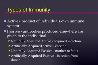 Types of Immunity
s Active - product of individuals own immune
  system
s Passive - antibodies produced elsewhere are
  given to the individual
    ® Naturally   Acquired Active - acquired infection
    ® Artificially Acquired active - Vaccine
    ® Naturally Acquired Passive - mother to fetus
    ® Artificially Acquired Passive - injection from
      donor
 