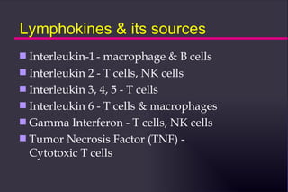 Lymphokines & its sources
s Interleukin-1 - macrophage & B cells
s Interleukin 2 - T cells, NK cells
s Interleukin 3, 4, 5 - T cells
s Interleukin 6 - T cells & macrophages
s Gamma Interferon - T cells, NK cells
s Tumor Necrosis Factor (TNF) -
  Cytotoxic T cells
 