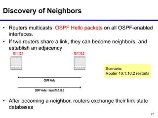 17
Discovery of Neighbors
• Routers multicasts OSPF Hello packets on all OSPF-enabled
interfaces.
• If two routers share a link, they can become neighbors, and
establish an adjacency
• After becoming a neighbor, routers exchange their link state
databases
OSPF Hello
OSPF Hello: Iheard 10.1.10.2
10.1.10.1 10.1.10.2
Scenario:
Router 10.1.10.2 restarts
 