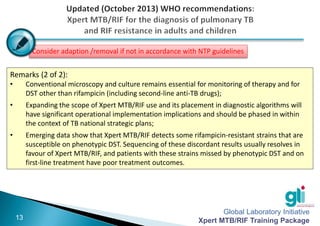 Global Laboratory Initiative
Xpert MTB/RIF Training Package
-13-
Remarks (2 of 2):
• Conventional microscopy and culture r...