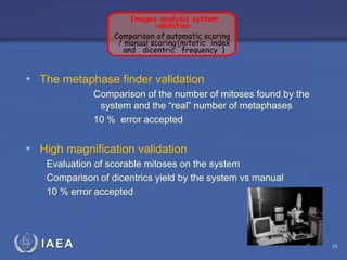 IAEA
• The metaphase finder validation
Comparison of the number of mitoses found by the
system and the “real” number of metaphases
10 % error accepted
• High magnification validation
Evaluation of scorable mitoses on the system
Comparison of dicentrics yield by the system vs manual
10 % error accepted
Images analysis system
validation
Comparison of automatic scoring
/ manual scoring(mitotic index
and dicentric frequency )
28
 