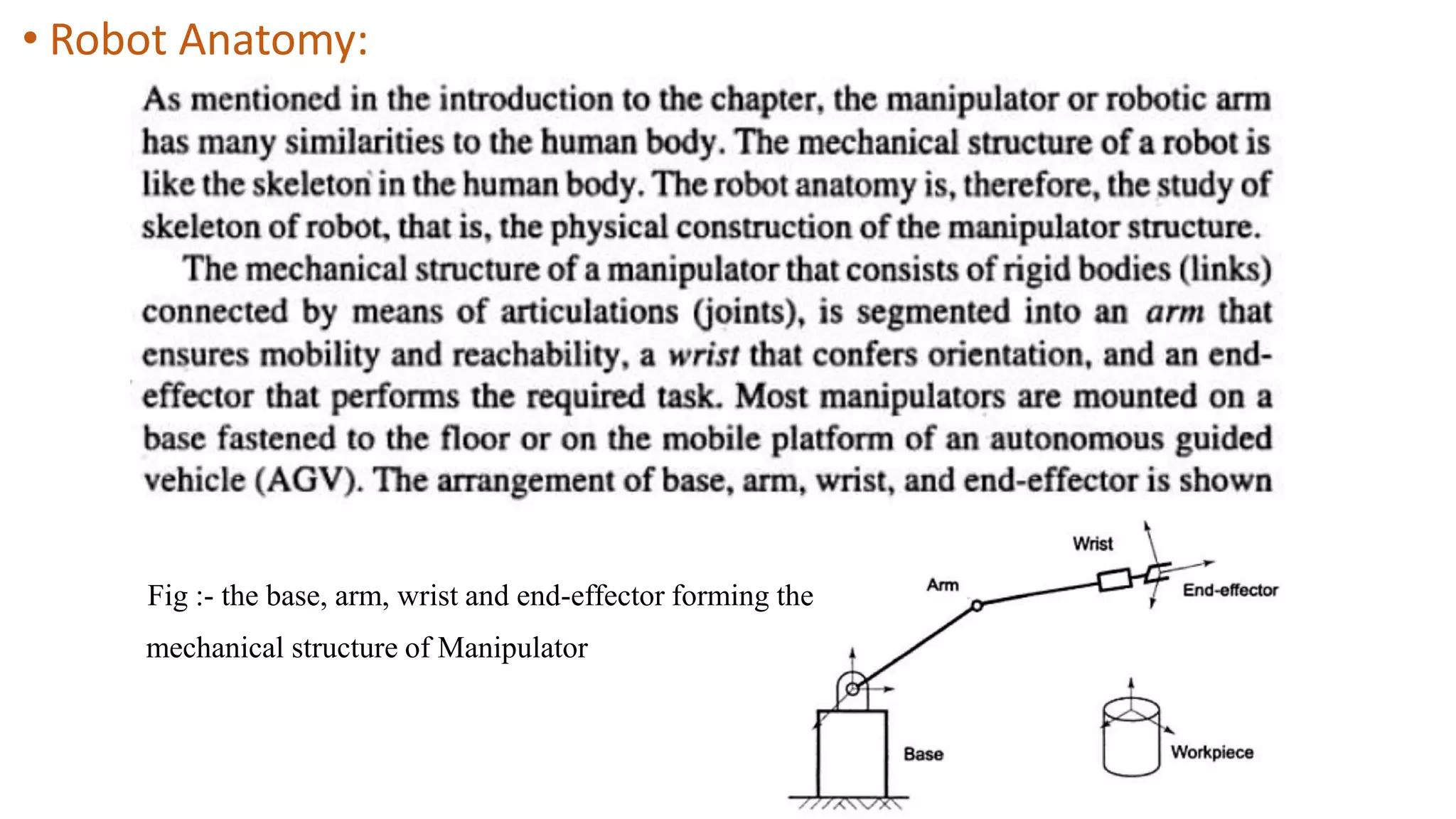 • Robot Anatomy:
Fig :- the base, arm, wrist and end-effector forming the
mechanical structure of Manipulator
 