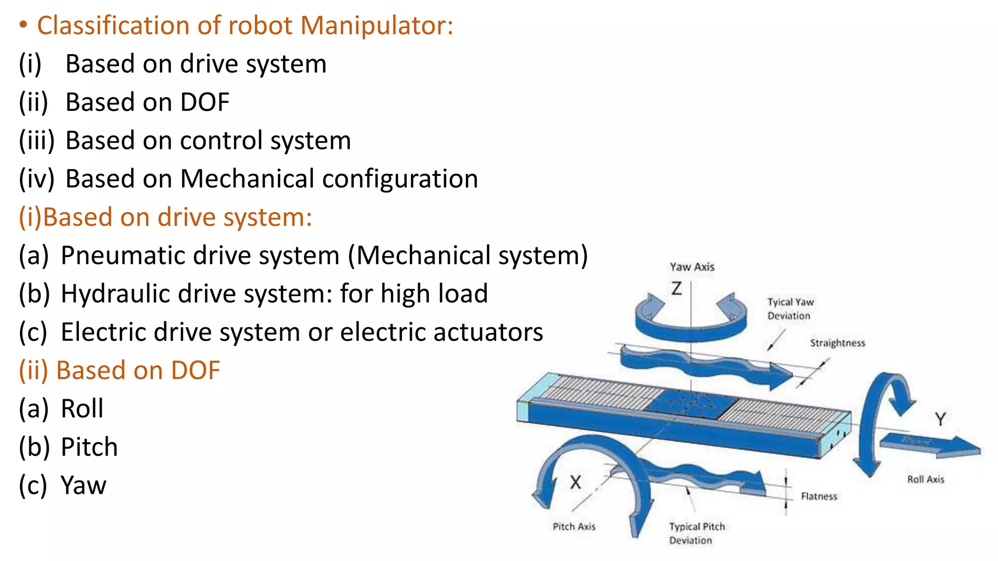 • Classification of robot Manipulator:
(i) Based on drive system
(ii) Based on DOF
(iii) Based on control system
(iv) Based on Mechanical configuration
(i)Based on drive system:
(a) Pneumatic drive system (Mechanical system)
(b) Hydraulic drive system: for high load
(c) Electric drive system or electric actuators
(ii) Based on DOF
(a) Roll
(b) Pitch
(c) Yaw
 