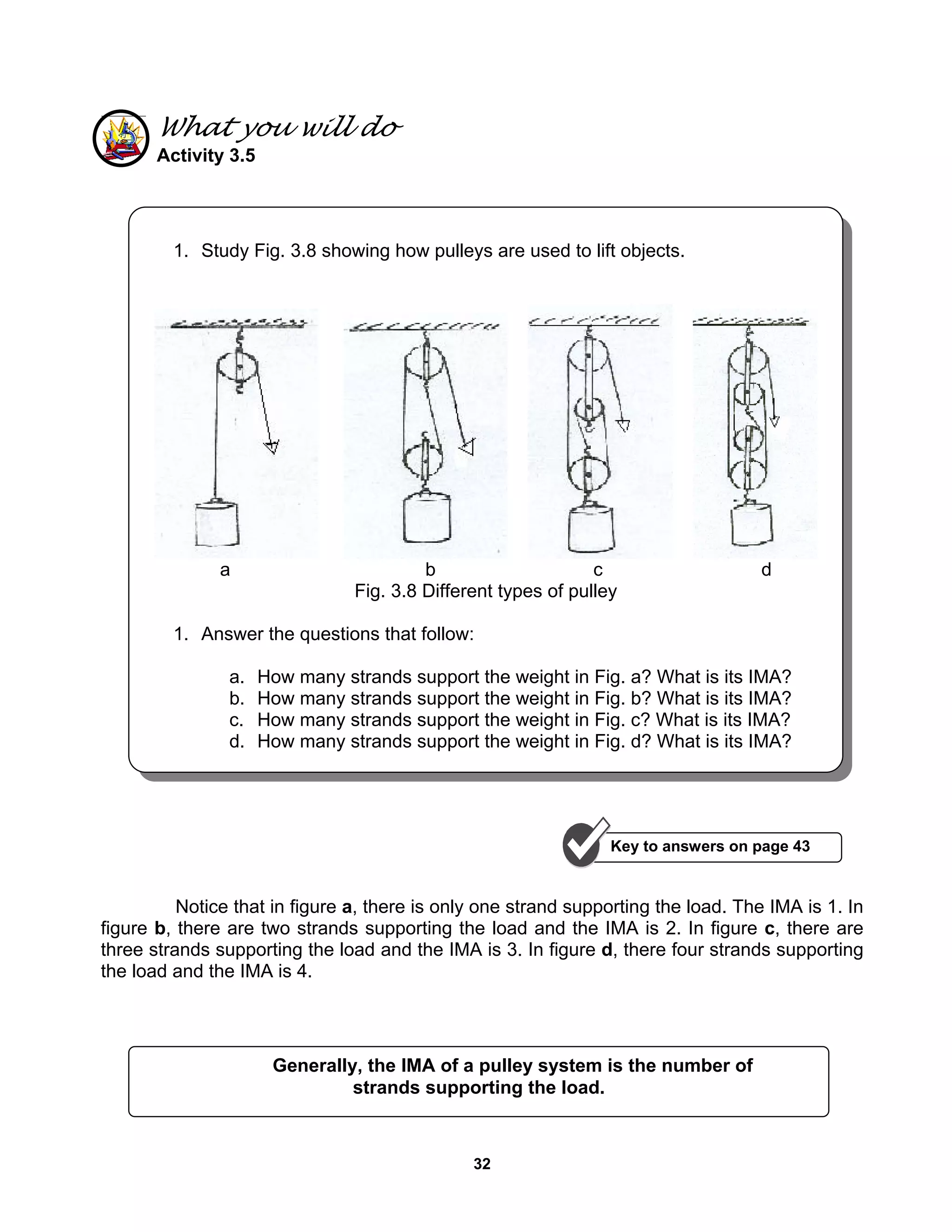 32
What you will do
Activity 3.5
Notice that in figure a, there is only one strand supporting the load. The IMA is 1. In
figure b, there are two strands supporting the load and the IMA is 2. In figure c, there are
three strands supporting the load and the IMA is 3. In figure d, there four strands supporting
the load and the IMA is 4.
1. Study Fig. 3.8 showing how pulleys are used to lift objects.
a b c d
Fig. 3.8 Different types of pulley
1. Answer the questions that follow:
a. How many strands support the weight in Fig. a? What is its IMA?
b. How many strands support the weight in Fig. b? What is its IMA?
c. How many strands support the weight in Fig. c? What is its IMA?
d. How many strands support the weight in Fig. d? What is its IMA?
Generally, the IMA of a pulley system is the number of
strands supporting the load.
Key to answers on page 43
 