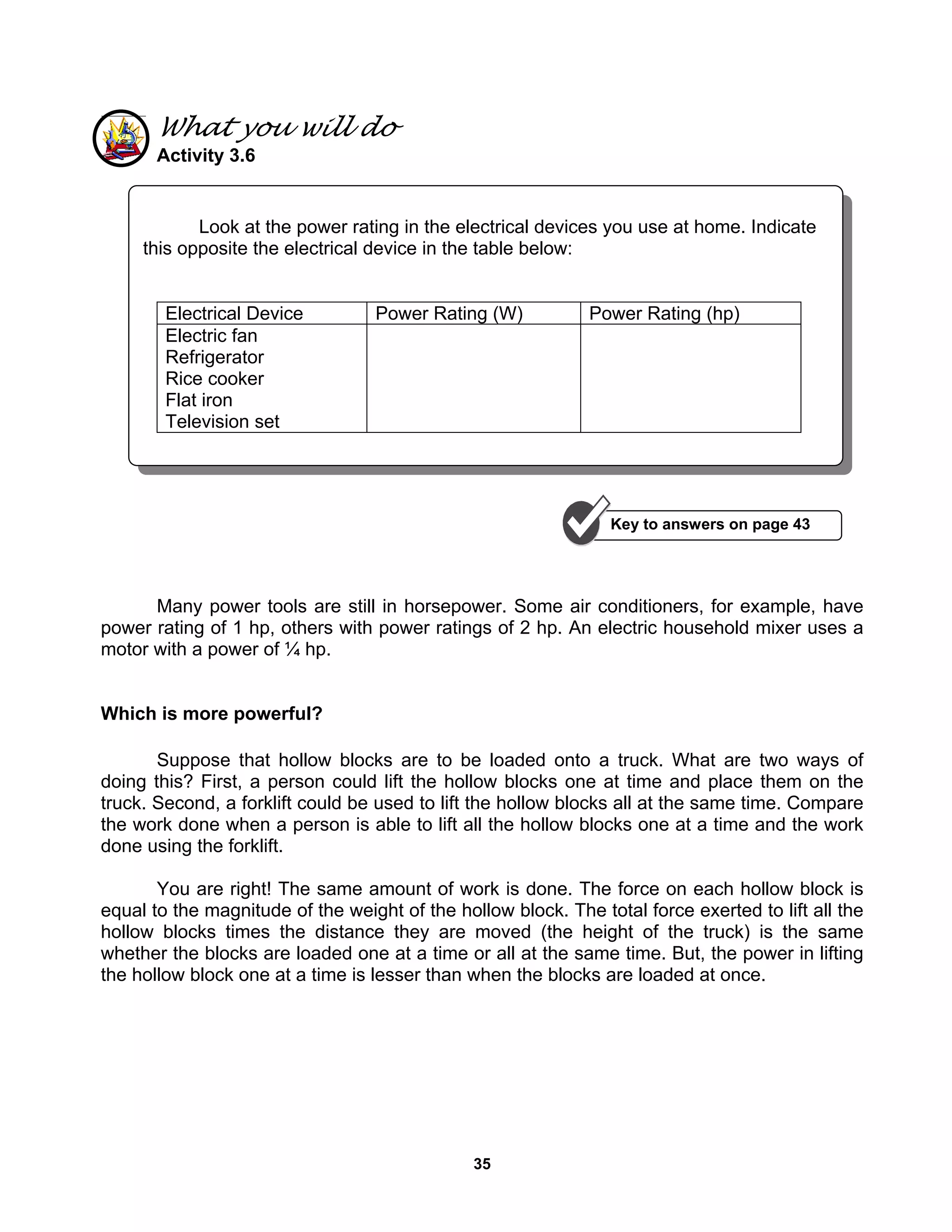 35
What you will do
Activity 3.6
Many power tools are still in horsepower. Some air conditioners, for example, have
power rating of 1 hp, others with power ratings of 2 hp. An electric household mixer uses a
motor with a power of ¼ hp.
Which is more powerful?
Suppose that hollow blocks are to be loaded onto a truck. What are two ways of
doing this? First, a person could lift the hollow blocks one at time and place them on the
truck. Second, a forklift could be used to lift the hollow blocks all at the same time. Compare
the work done when a person is able to lift all the hollow blocks one at a time and the work
done using the forklift.
You are right! The same amount of work is done. The force on each hollow block is
equal to the magnitude of the weight of the hollow block. The total force exerted to lift all the
hollow blocks times the distance they are moved (the height of the truck) is the same
whether the blocks are loaded one at a time or all at the same time. But, the power in lifting
the hollow block one at a time is lesser than when the blocks are loaded at once.
Look at the power rating in the electrical devices you use at home. Indicate
this opposite the electrical device in the table below:
Electrical Device Power Rating (W) Power Rating (hp)
Electric fan
Refrigerator
Rice cooker
Flat iron
Television set
Key to answers on page 43
 