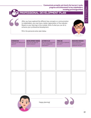 MODULE12
21
Communicate promptly and clearly the learners’ needs,
progress and achievement to key stakeholders,
including parents/guardians
PROFESSIONAL DEVELOPMENT PLAN
STRENGTHS
What are the skills you are
good at?
DEVELOPMENT NEEDS
What are the skills you
need to improve?
ACTION PLAN
What can you recommend
for your development
intervention?
TIMELINE
When will you implement
your plan?
RESOURCE NEEDED
What assistance/
resources do you need to
implement the plan?
After you have explored the different key concepts on communication
to stakeholders, you now have a better appreciation of the indicator.
Based on your learning in this module, think of what you can do to
enhance your professional development.
Fill in the personal action plan below.
“
“Happy planning!
 