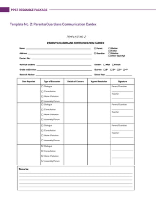 PPST RESOURCE PACKAGE
24
Template No. 2: Parents/Guardians Communication Cardex
 
