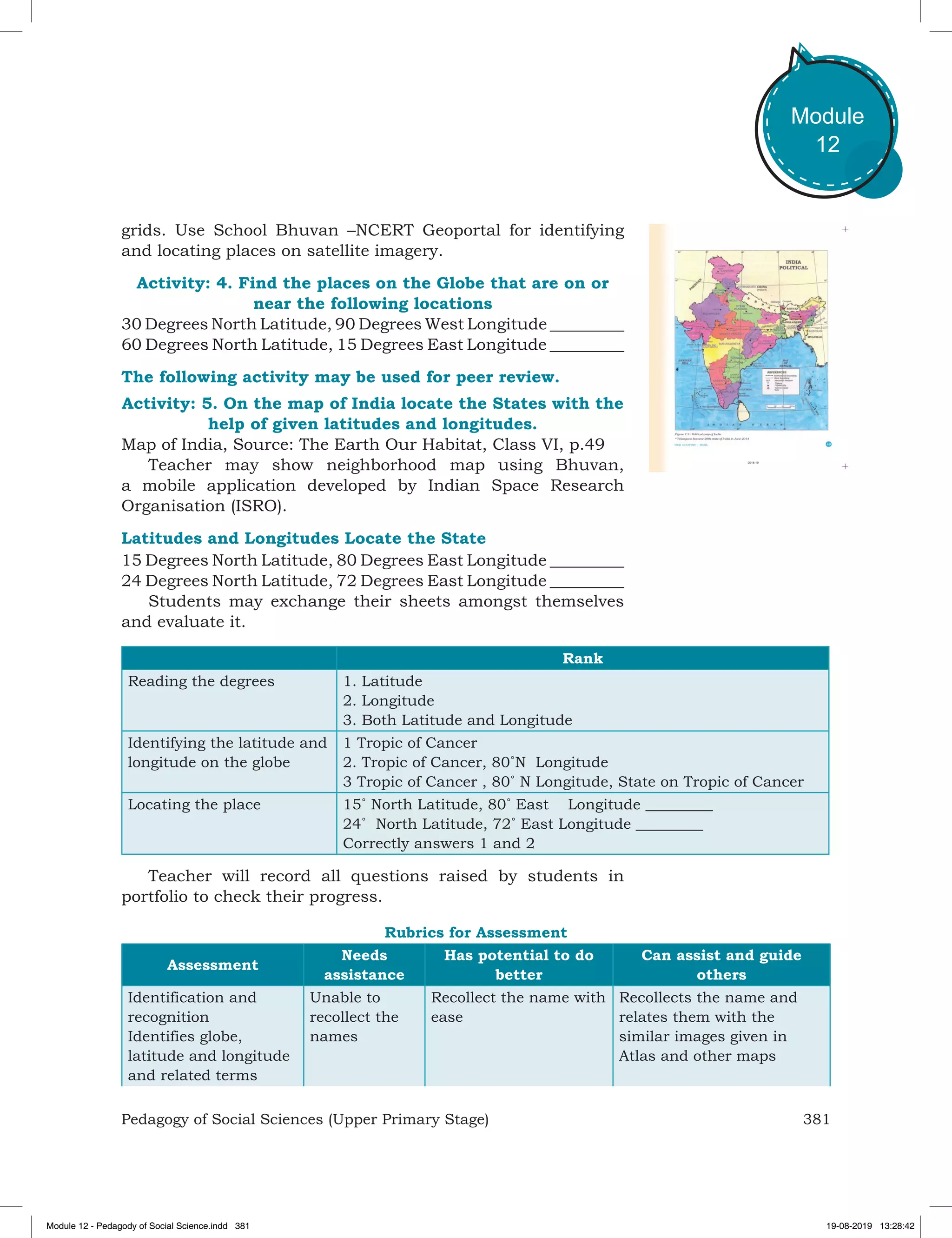 381Pedagogy of Social Sciences (Upper Primary Stage)
Module
12
grids. Use School Bhuvan –NCERT Geoportal for identifying
and locating places on satellite imagery.
Activity: 4. Find the places on the Globe that are on or
near the following locations
30 Degrees North Latitude, 90 Degrees West Longitude _________
60 Degrees North Latitude, 15 Degrees East Longitude _________
The following activity may be used for peer review.
Activity: 5. On the map of India locate the States with the
help of given latitudes and longitudes.
Map of India, Source: The Earth Our Habitat, Class VI, p.49
Teacher may show neighborhood map using Bhuvan,
a mobile application developed by Indian Space Research
Organisation (ISRO).
Latitudes and Longitudes Locate the State
15 Degrees North Latitude, 80 Degrees East Longitude _________
24 Degrees North Latitude, 72 Degrees East Longitude _________
Students may exchange their sheets amongst themselves
and evaluate it.
Rank
Reading the degrees 1. Latitude
2. Longitude
3. Both Latitude and Longitude
Identifying the latitude and
longitude on the globe
1 Tropic of Cancer
2. Tropic of Cancer, 80˚N  Longitude
3 Tropic of Cancer , 80˚ N Longitude, State on Tropic of Cancer
Locating the place 15˚ North Latitude, 80˚ East    Longitude _________
24˚  North Latitude, 72˚ East Longitude _________
Correctly answers 1 and 2
Teacher will record all questions raised by students in
portfolio to check their progress.
Rubrics for Assessment
Assessment
Needs
assistance
Has potential to do
better
Can assist and guide
others
Identification and
recognition
Identifies globe,
latitude and longitude
and related terms
Unable to
recollect the
names
Recollect the name with
ease
Recollects the name and
relates them with the
similar images given in
Atlas and other maps
Module 12 - Pedagody of Social Science.indd 381 19-08-2019 13:28:42
 
