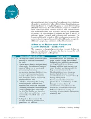 374 NISHTHA — Training Package
Module
12
diversity to relate developments of one place/region with those
of another, imbibes the value of the Indian Constitution and
their significance in everyday life, gains a sense of the working
of Indian democracy, its institutions and processes at the local,
state and union levels, becomes familiar with socio-economic
role of the institutions such as family, market and government,
recognises the contributions of different sections of society to
political, social, cultural and environmental processes. The
learners will be able to analyse different phenomena/events like
natural disaster, agriculture and livelihood from the perspective
of history, geography, economics and political science.
A Brief on the Pedagogies for Achieving the
Learning Outcomes — Class Specific
The suggested pedagogical processes that you may design, can
provide opportunities to learners in diverse context to work
individually, in pairs and in group.
Class Suggested Pedagogical Processes Learning Outcomes
VI •	 Use diagrams, models, and audio-visual
materials to understand motions of
the earth.
•	 Observe stars, planets, satellites (Moon),
eclipse under the guidance of parents/
teachers/elders, etc. to understand
astronomical phenomena.
•	 Use pictures, drawings of different types
of sources to read, explain, discuss
these to understand how historians
have interpreted these to reconstruct
history of ancient India.
•	 Undertake map activity: for locating
important places, sites of hunter-
gatherers; food producers, Harappan
civilization, janapadas, mahajanapadas,
empires, places related to events in
the life of the Buddha and Mahavira;
centers of art and architecture—areas
outside India with which India had
contacts.
•	 Participate in discussions on the
concepts of diversity, discrimination,
government and livelihood.
•	 Identifies latitudes and longitudes, e.g.,
poles, equator, tropics, States/UTs of
India and other neighbouring countries
on the globe and the world map.
•	 Draws a neighbourhood map showing
scale, direction, and features with the
help of conventional symbols.
•	 Identifies different types of sources
(archaeological, literary, etc.) and
describes their use in reconstruction of
history of this period.
•	 Locates important historical sites,
places, etc. on an outline map of India.
•	 Recognises various forms of
discrimination and understand the
nature and sources of discrimination.
•	 Differentiate between equality and
inequality in various forms to treat them
in healthy way.
Module 12 - Pedagody of Social Science.indd 374 19-08-2019 13:28:42
 