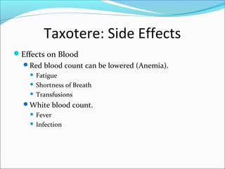 Taxotere: Side Effects
Effects on Blood
  Red blood count can be lowered (Anemia).
     Fatigue
     Shortness of Breath

     Transfusions

  White blood count.
     Fever
     Infection
 