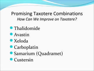 Promising Taxotere Combinations
  How Can We Improve on Taxotere?

Thalidomide
Avastin
Xeloda
Carboplatin
Samarium (Quadramet)
Custersin
 
