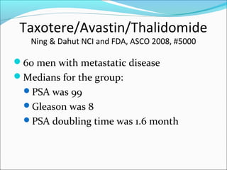 Taxotere/Avastin/Thalidomide
   Ning & Dahut NCI and FDA, ASCO 2008, #5000

60 men with metastatic disease
Medians for the group:
  PSA was 99
  Gleason was 8
  PSA doubling time was 1.6 month
 