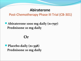 Abiraterone
  Post-Chemotherapy Phase III Trial (CB-301)

Abiraterone 1000 mg daily (n=797)
 Prednisone 10 mg daily

           Or

Placebo daily (n=398)
 Prednisone 10 mg daily
 