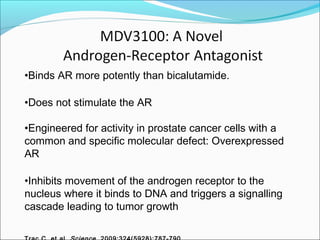 •Binds AR more potently than bicalutamide.

•Does not stimulate the AR

•Engineered for activity in prostate cancer cells with a
common and specific molecular defect: Overexpressed
AR

•Inhibits movement of the androgen receptor to the
nucleus where it binds to DNA and triggers a signalling
cascade leading to tumor growth
 