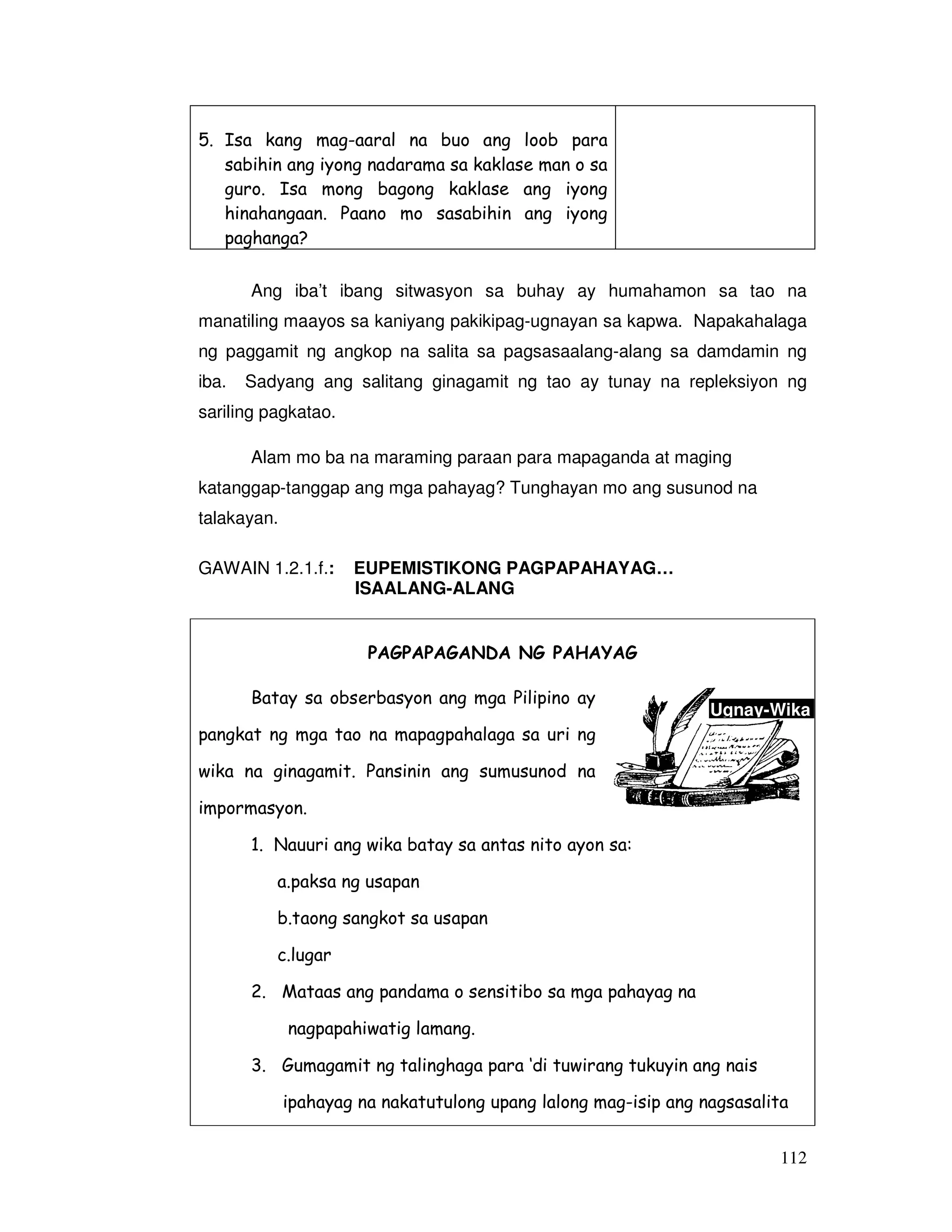 Ugnay-Wika 
112 
5. Isa kang mag-aaral na buo ang loob para 
sabihin ang iyong nadarama sa kaklase man o sa 
guro. Isa mong bagong kaklase ang iyong 
hinahangaan. Paano mo sasabihin ang iyong 
paghanga? 
Ang iba’t ibang sitwasyon sa buhay ay humahamon sa tao na 
manatiling maayos sa kaniyang pakikipag-ugnayan sa kapwa. Napakahalaga 
ng paggamit ng angkop na salita sa pagsasaalang-alang sa damdamin ng 
iba. Sadyang ang salitang ginagamit ng tao ay tunay na repleksiyon ng 
sariling pagkatao. 
Alam mo ba na maraming paraan para mapaganda at maging 
katanggap-tanggap ang mga pahayag? Tunghayan mo ang susunod na 
talakayan. 
GAWAIN 1.2.1.f.: EUPEMISTIKONG PAGPAPAHAYAG… 
ISAALANG-ALANG 
PAGPAPAGANDA NG PAHAYAG 
Batay sa obserbasyon ang mga Pilipino ay 
pangkat ng mga tao na mapagpahalaga sa uri ng 
wika na ginagamit. Pansinin ang sumusunod na 
impormasyon. 
1. Nauuri ang wika batay sa antas nito ayon sa: 
a.paksa ng usapan 
b.taong sangkot sa usapan 
c.lugar 
2. Mataas ang pandama o sensitibo sa mga pahayag na 
nagpapahiwatig lamang. 
3. Gumagamit ng talinghaga para ‘di tuwirang tukuyin ang nais 
ipahayag na nakatutulong upang lalong mag-isip ang nagsasalita 
 