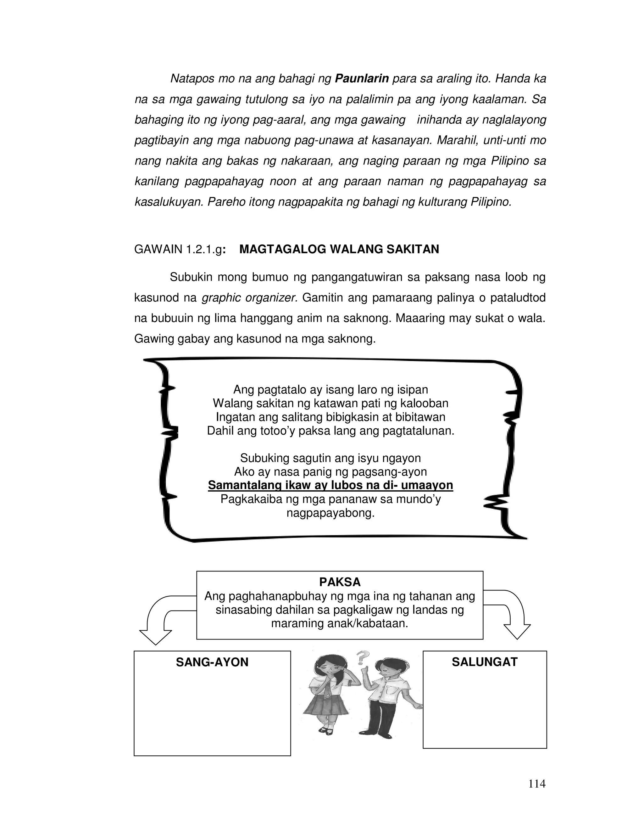 Natapos mo na ang bahagi ng Paunlarin para sa araling ito. Handa ka 
na sa mga gawaing tutulong sa iyo na palalimin pa ang iyong kaalaman. Sa 
bahaging ito ng iyong pag-aaral, ang mga gawaing inihanda ay naglalayong 
pagtibayin ang mga nabuong pag-unawa at kasanayan. Marahil, unti-unti mo 
nang nakita ang bakas ng nakaraan, ang naging paraan ng mga Pilipino sa 
kanilang pagpapahayag noon at ang paraan naman ng pagpapahayag sa 
kasalukuyan. Pareho itong nagpapakita ng bahagi ng kulturang Pilipino. 
114 
GAWAIN 1.2.1.g: MAGTAGALOG WALANG SAKITAN 
Subukin mong bumuo ng pangangatuwiran sa paksang nasa loob ng 
kasunod na graphic organizer. Gamitin ang pamaraang palinya o pataludtod 
na bubuuin ng lima hanggang anim na saknong. Maaaring may sukat o wala. 
Gawing gabay ang kasunod na mga saknong. 
Ang pagtatalo ay isang laro ng isipan 
Walang sakitan ng katawan pati ng kalooban 
Ingatan ang salitang bibigkasin at bibitawan 
Dahil ang totoo’y paksa lang ang pagtatalunan. 
Subuking sagutin ang isyu ngayon 
Ako ay nasa panig ng pagsang-ayon 
Samantalang ikaw ay lubos na di- umaayon 
Pagkakaiba ng mga pananaw sa mundo’y 
nagpapayabong. 
PAKSA 
Ang paghahanapbuhay ng mga ina ng tahanan ang 
sinasabing dahilan sa pagkaligaw ng landas ng 
maraming anak/kabataan. 
SALUNGAT 
SANG-AYON 
 