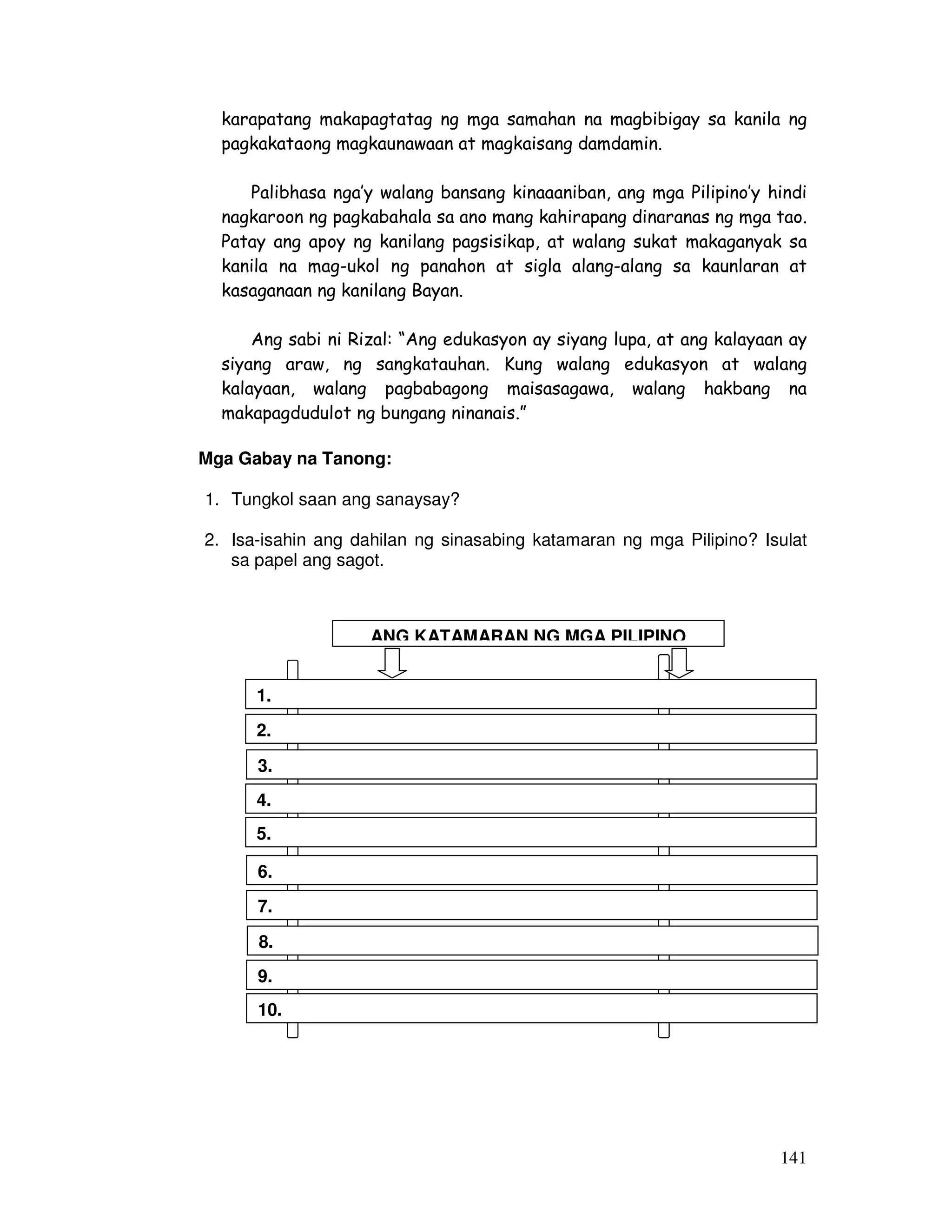 karapatang makapagtatag ng mga samahan na magbibigay sa kanila ng 
pagkakataong magkaunawaan at magkaisang damdamin. 
Palibhasa nga’y walang bansang kinaaaniban, ang mga Pilipino’y hindi 
nagkaroon ng pagkabahala sa ano mang kahirapang dinaranas ng mga tao. 
Patay ang apoy ng kanilang pagsisikap, at walang sukat makaganyak sa 
kanila na mag-ukol ng panahon at sigla alang-alang sa kaunlaran at 
kasaganaan ng kanilang Bayan. 
Ang sabi ni Rizal: “Ang edukasyon ay siyang lupa, at ang kalayaan ay 
siyang araw, ng sangkatauhan. Kung walang edukasyon at walang 
kalayaan, walang pagbabagong maisasagawa, walang hakbang na 
makapagdudulot ng bungang ninanais.” 
141 
Mga Gabay na Tanong: 
1. Tungkol saan ang sanaysay? 
2. Isa-isahin ang dahilan ng sinasabing katamaran ng mga Pilipino? Isulat 
sa papel ang sagot. 
ANG KATAMARAN NG MGA PILIPINO 
1. 
2. 
3. 
4. 
5. 
6. 
7. 
8. 
9. 
10. 
 