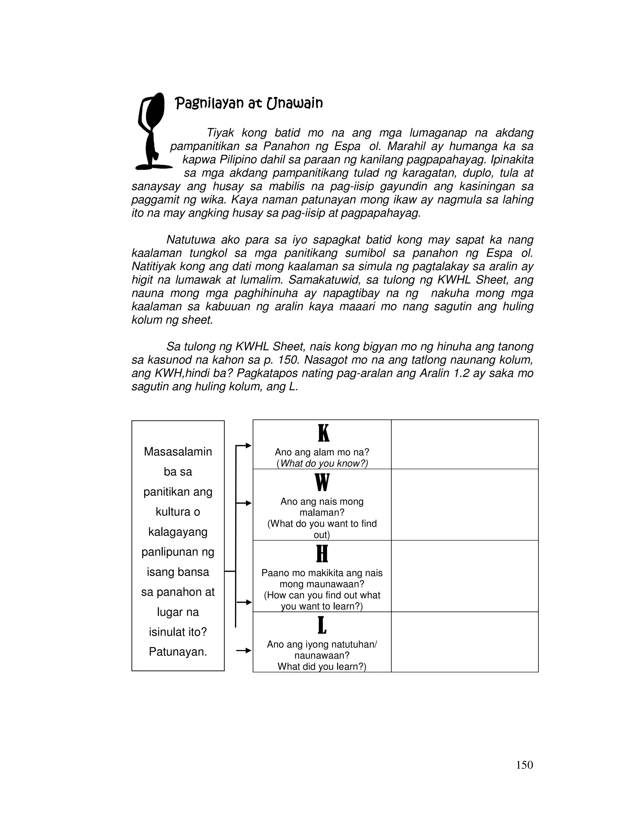 150 
Pagnilayan PPPaaagggnnniiilllaaayyyaaannn aaaatttt UUUUnnnnaaaawwwwaaaaiiiinnnn 
Tiyak kong batid mo na ang mga lumaganap na akdang 
pampanitikan sa Panahon ng Espaıol. Marahil ay humanga ka sa 
kapwa Pilipino dahil sa paraan ng kanilang pagpapahayag. Ipinakita 
sa mga akdang pampanitikang tulad ng karagatan, duplo, tula at 
sanaysay ang husay sa mabilis na pag-iisip gayundin ang kasiningan sa 
paggamit ng wika. Kaya naman patunayan mong ikaw ay nagmula sa lahing 
ito na may angking husay sa pag-iisip at pagpapahayag. 
Natutuwa ako para sa iyo sapagkat batid kong may sapat ka nang 
kaalaman tungkol sa mga panitikang sumibol sa panahon ng Espaıol. 
Natitiyak kong ang dati mong kaalaman sa simula ng pagtalakay sa aralin ay 
higit na lumawak at lumalim. Samakatuwid, sa tulong ng KWHL Sheet, ang 
nauna mong mga paghihinuha ay napagtibay na ng nakuha mong mga 
kaalaman sa kabuuan ng aralin kaya maaari mo nang sagutin ang huling 
kolum ng sheet. 
Sa tulong ng KWHL Sheet, nais kong bigyan mo ng hinuha ang tanong 
sa kasunod na kahon sa p. 150. Nasagot mo na ang tatlong naunang kolum, 
ang KWH,hindi ba? Pagkatapos nating pag-aralan ang Aralin 1.2 ay saka mo 
sagutin ang huling kolum, ang L. 
K 
Ano ang alam mo na? 
(What do you know?) 
W 
Ano ang nais mong 
malaman? 
(What do you want to find 
out) 
H 
Paano mo makikita ang nais 
mong maunawaan? 
(How can you find out what 
you want to learn?) 
L 
Ano ang iyong natutuhan/ 
naunawaan? 
What did you learn?) 
Masasalamin 
ba sa 
panitikan ang 
kultura o 
kalagayang 
panlipunan ng 
isang bansa 
sa panahon at 
lugar na 
isinulat ito? 
Patunayan. 
 
