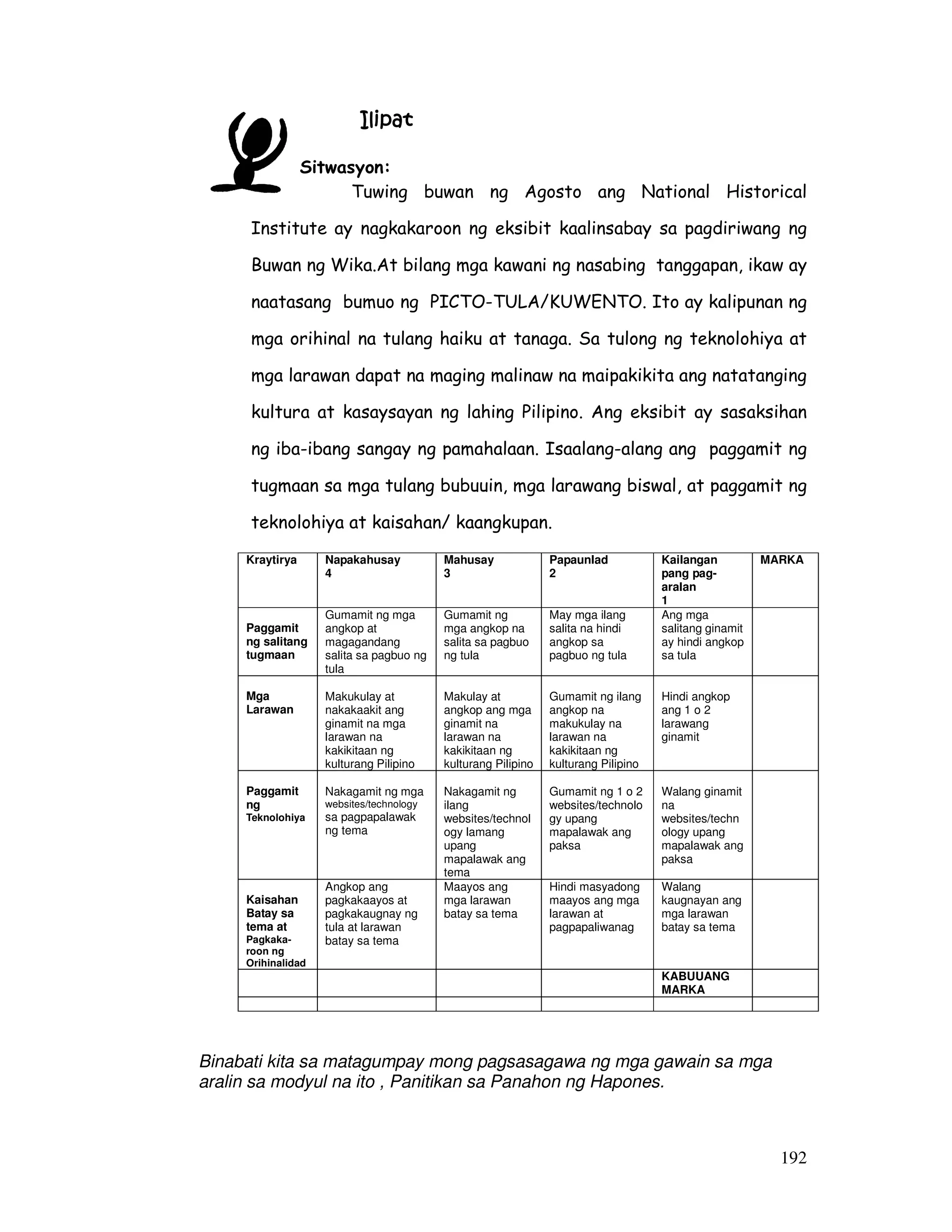 MARKA 
192 
IIIIlllliiiippppaaaatttt 
Sitwasyon: 
Tuwing buwan ng Agosto ang National Historical 
Institute ay nagkakaroon ng eksibit kaalinsabay sa pagdiriwang ng 
Buwan ng Wika.At bilang mga kawani ng nasabing tanggapan, ikaw ay 
naatasang bumuo ng PICTO-TULA/KUWENTO. Ito ay kalipunan ng 
mga orihinal na tulang haiku at tanaga. Sa tulong ng teknolohiya at 
mga larawan dapat na maging malinaw na maipakikita ang natatanging 
kultura at kasaysayan ng lahing Pilipino. Ang eksibit ay sasaksihan 
ng iba-ibang sangay ng pamahalaan. Isaalang-alang ang paggamit ng 
tugmaan sa mga tulang bubuuin, mga larawang biswal, at paggamit ng 
teknolohiya at kaisahan/ kaangkupan. 
Kraytirya Napakahusay 
4 
Mahusay 
3 
Papaunlad 
2 
Kailangan 
pang pag-aralan 
1 
Paggamit 
ng salitang 
tugmaan 
Gumamit ng mga 
angkop at 
magagandang 
salita sa pagbuo ng 
tula 
Gumamit ng 
mga angkop na 
salita sa pagbuo 
ng tula 
May mga ilang 
salita na hindi 
angkop sa 
pagbuo ng tula 
Ang mga 
salitang ginamit 
ay hindi angkop 
sa tula 
Mga 
Larawan 
Makukulay at 
nakakaakit ang 
ginamit na mga 
larawan na 
kakikitaan ng 
kulturang Pilipino 
Makulay at 
angkop ang mga 
ginamit na 
larawan na 
kakikitaan ng 
kulturang Pilipino 
Gumamit ng ilang 
angkop na 
makukulay na 
larawan na 
kakikitaan ng 
kulturang Pilipino 
Hindi angkop 
ang 1 o 2 
larawang 
ginamit 
Paggamit 
ng 
Teknolohiya 
Nakagamit ng mga 
websites/technology 
sa pagpapalawak 
ng tema 
Nakagamit ng 
ilang 
websites/technol 
ogy lamang 
upang 
mapalawak ang 
tema 
Gumamit ng 1 o 2 
websites/technolo 
gy upang 
mapalawak ang 
paksa 
Walang ginamit 
na 
websites/techn 
ology upang 
mapalawak ang 
paksa 
Kaisahan 
Batay sa 
tema at 
Pagkaka-roon 
ng 
Orihinalidad 
Angkop ang 
pagkakaayos at 
pagkakaugnay ng 
tula at larawan 
batay sa tema 
Maayos ang 
mga larawan 
batay sa tema 
Hindi masyadong 
maayos ang mga 
larawan at 
pagpapaliwanag 
Walang 
kaugnayan ang 
mga larawan 
batay sa tema 
KABUUANG 
MARKA 
Binabati kita sa matagumpay mong pagsasagawa ng mga gawain sa mga 
aralin sa modyul na ito , Panitikan sa Panahon ng Hapones. 
 