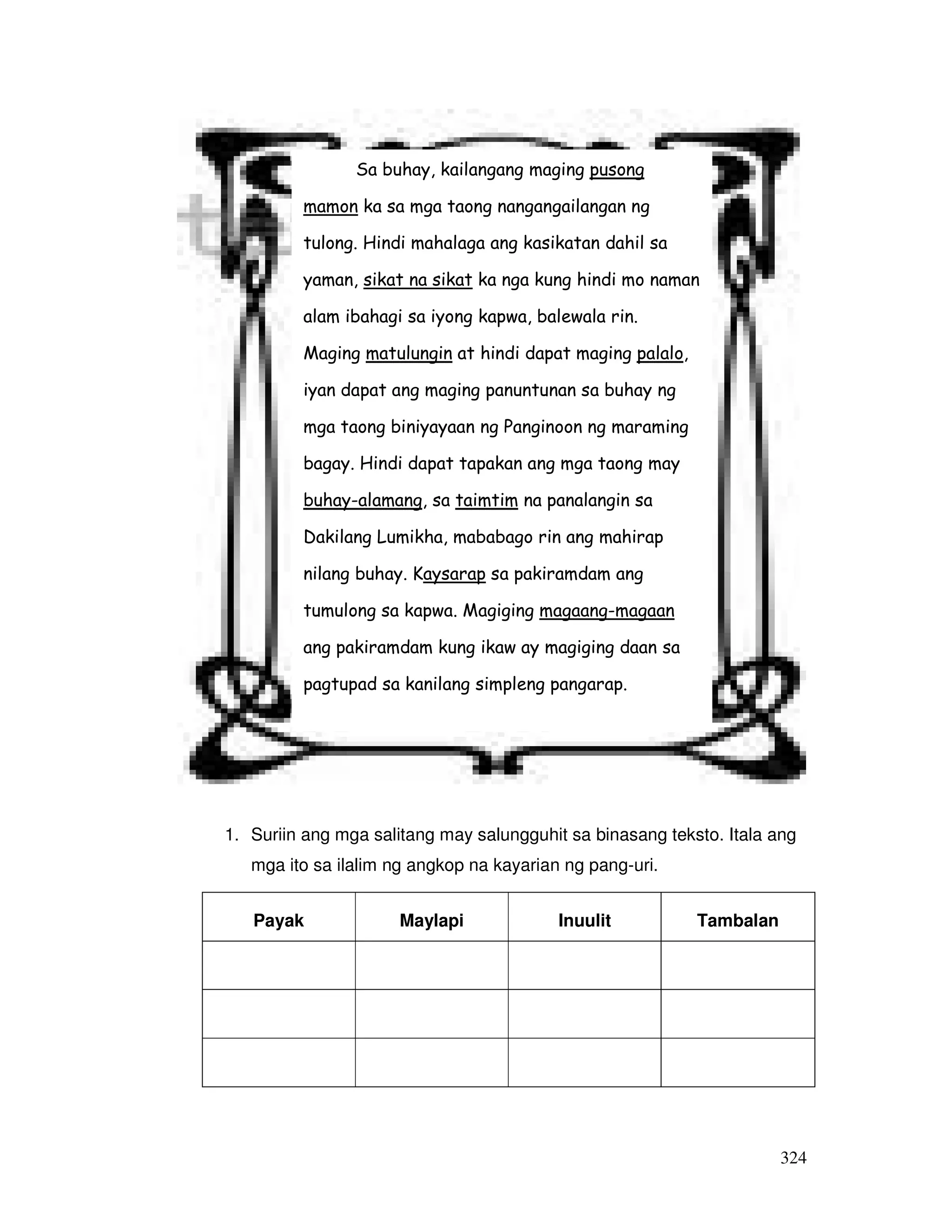 Sa buhay, kailangang maging pusong 
mamon ka sa mga taong nangangailangan ng 
tulong. Hindi mahalaga ang kasikatan dahil sa 
yaman, sikat na sikat ka nga kung hindi mo naman 
alam ibahagi sa iyong kapwa, balewala rin. 
Maging matulungin at hindi dapat maging palalo, 
iyan dapat ang maging panuntunan sa buhay ng 
mga taong biniyayaan ng Panginoon ng maraming 
bagay. Hindi dapat tapakan ang mga taong may 
buhay-alamang, sa taimtim na panalangin sa 
Dakilang Lumikha, mababago rin ang mahirap 
nilang buhay. Kaysarap sa pakiramdam ang 
tumulong sa kapwa. Magiging magaang-magaan 
ang pakiramdam kung ikaw ay magiging daan sa 
pagtupad sa kanilang simpleng pangarap. 
1. Suriin ang mga salitang may salungguhit sa binasang teksto. Itala ang 
324 
mga ito sa ilalim ng angkop na kayarian ng pang-uri. 
Payak Maylapi Inuulit Tambalan 
 