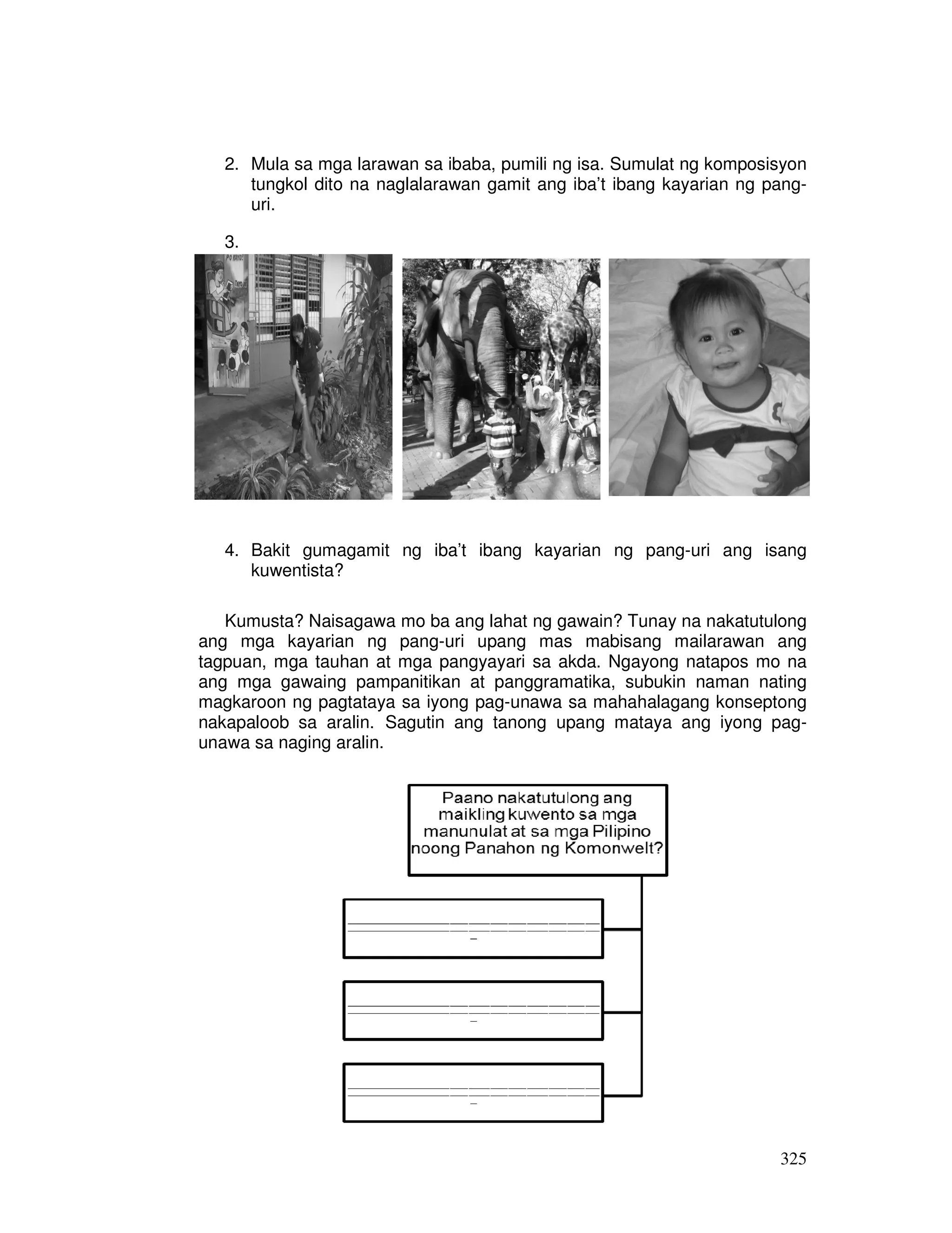 2. Mula sa mga larawan sa ibaba, pumili ng isa. Sumulat ng komposisyon 
tungkol dito na naglalarawan gamit ang iba’t ibang kayarian ng pang-uri. 
325 
3. 
4. Bakit gumagamit ng iba’t ibang kayarian ng pang-uri ang isang 
kuwentista? 
Kumusta? Naisagawa mo ba ang lahat ng gawain? Tunay na nakatutulong 
ang mga kayarian ng pang-uri upang mas mabisang mailarawan ang 
tagpuan, mga tauhan at mga pangyayari sa akda. Ngayong natapos mo na 
ang mga gawaing pampanitikan at panggramatika, subukin naman nating 
magkaroon ng pagtataya sa iyong pag-unawa sa mahahalagang konseptong 
nakapaloob sa aralin. Sagutin ang tanong upang mataya ang iyong pag-unawa 
sa naging aralin. 
 