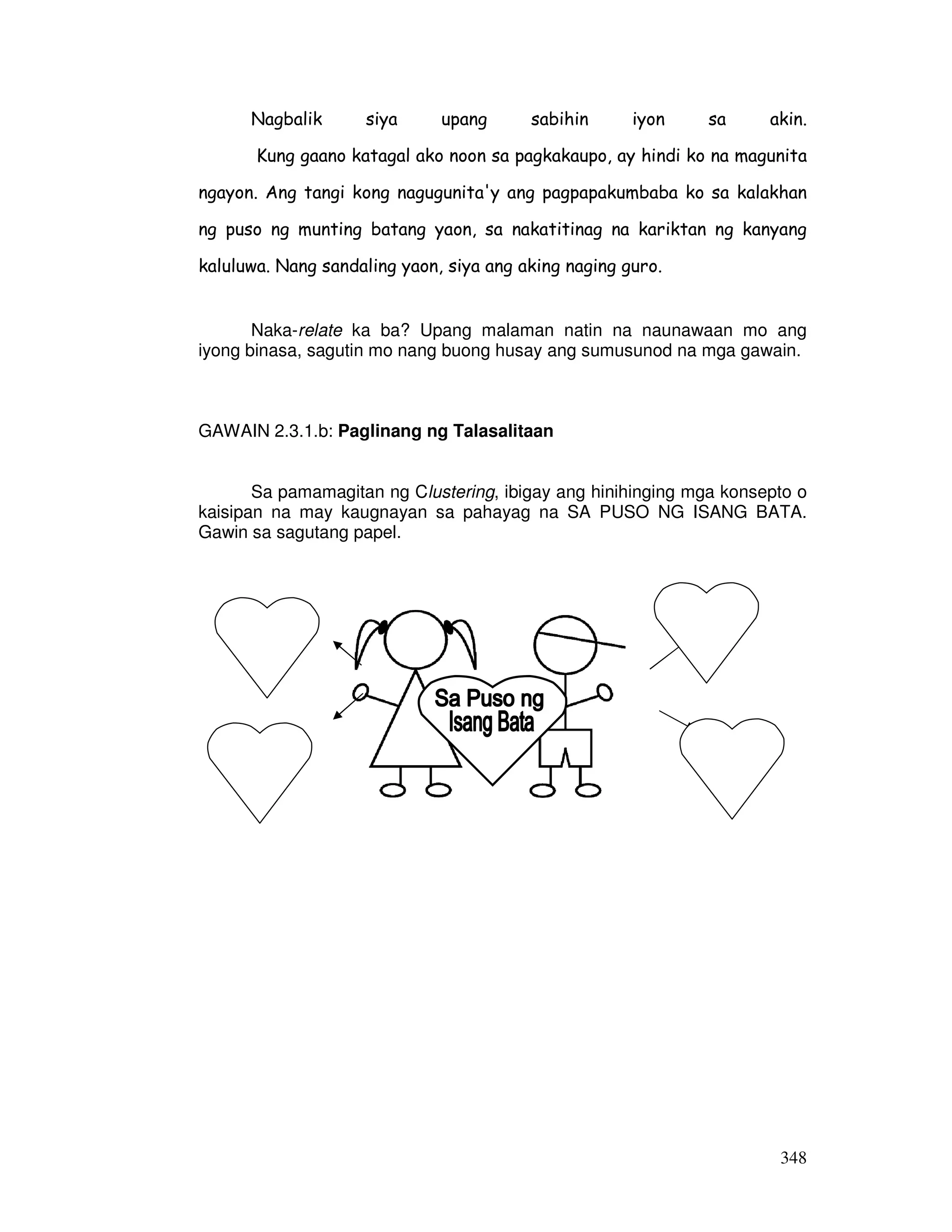 Nagbalik siya upang sabihin iyon sa akin. 
Kung gaano katagal ako noon sa pagkakaupo, ay hindi ko na magunita 
ngayon. Ang tangi kong nagugunita'y ang pagpapakumbaba ko sa kalakhan 
ng puso ng munting batang yaon, sa nakatitinag na kariktan ng kanyang 
kaluluwa. Nang sandaling yaon, siya ang aking naging guro. 
Naka-relate ka ba? Upang malaman natin na naunawaan mo ang 
iyong binasa, sagutin mo nang buong husay ang sumusunod na mga gawain. 
348 
GAWAIN 2.3.1.b: Paglinang ng Talasalitaan 
Sa pamamagitan ng Clustering, ibigay ang hinihinging mga konsepto o 
kaisipan na may kaugnayan sa pahayag na SA PUSO NG ISANG BATA. 
Gawin sa sagutang papel. 
 