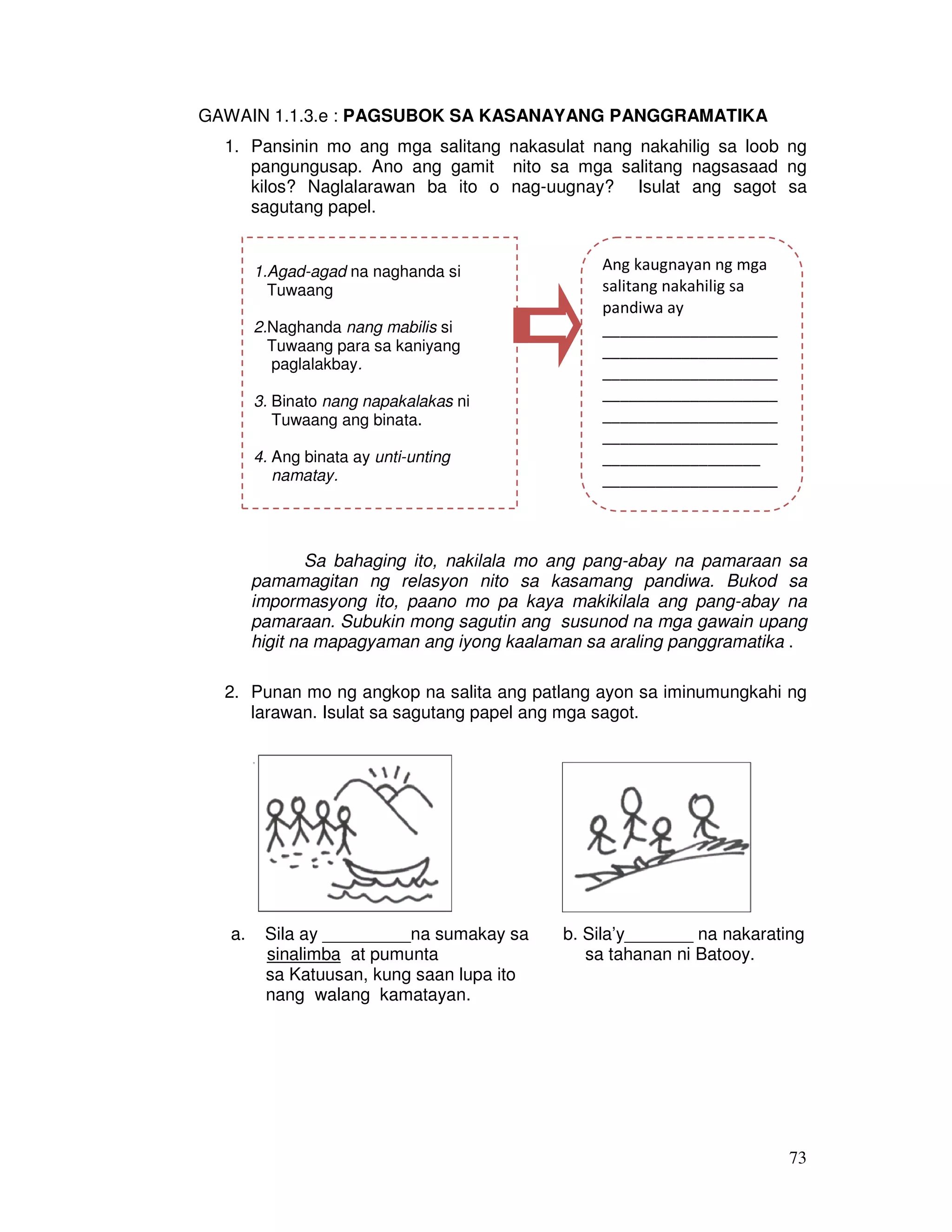 73 
GAWAIN 1.1.3.e : PAGSUBOK SA KASANAYANG PANGGRAMATIKA 
1. Pansinin mo ang mga salitang nakasulat nang nakahilig sa loob ng 
pangungusap. Ano ang gamit nito sa mga salitang nagsasaad ng 
kilos? Naglalarawan ba ito o nag-uugnay? Isulat ang sagot sa 
sagutang papel. 
1.Agad-agad na naghanda si 
Tuwaang 
2.Naghanda nang mabilis si 
Tuwaang para sa kaniyang 
paglalakbay. 
3. Binato nang napakalakas ni 
Tuwaang ang binata. 
4. Ang binata ay unti-unting 
namatay. 
Ang kaugnayan ng mga 
salitang nakahilig sa 
pandiwa ay 
____________________ 
____________________ 
____________________ 
____________________ 
____________________ 
____________________ 
__________________ 
____________________ 
___ 
Sa bahaging ito, nakilala mo ang pang-abay na pamaraan sa 
pamamagitan ng relasyon nito sa kasamang pandiwa. Bukod sa 
impormasyong ito, paano mo pa kaya makikilala ang pang-abay na 
pamaraan. Subukin mong sagutin ang susunod na mga gawain upang 
higit na mapagyaman ang iyong kaalaman sa araling panggramatika . 
2. Punan mo ng angkop na salita ang patlang ayon sa iminumungkahi ng 
larawan. Isulat sa sagutang papel ang mga sagot. 
a. Sila ay _________na sumakay sa b. Sila’y_______ na nakarating 
sinalimba at pumunta sa tahanan ni Batooy. 
sa Katuusan, kung saan lupa ito 
nang walang kamatayan. 
 