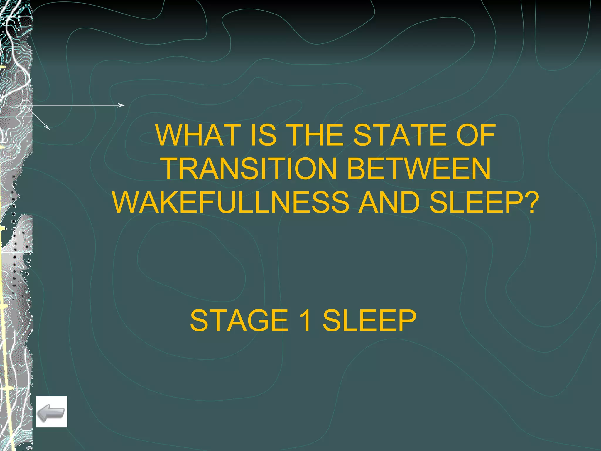 WHAT IS THE STATE OF TRANSITION BETWEEN WAKEFULLNESS AND SLEEP? STAGE 1 SLEEP 