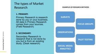 Innovating
food
for
seniors
1. PRIMARY:
Primary Research is research
done by you or your business.
All data in Primary Research
comes from your sources.
(Field Research)
2. SECONDARY:
Secondary Research is
research that is not done by
you but is from an existing
study. (Desk research)
The types of Market
Research
SURVEYS
FOCUS GROUPS
OBSERVATIONS
PILOT TESTING
EXAMPLES OF RESEARCH METHODS
SOCIAL MEDIA
ANALYTICS
 