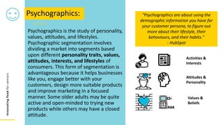 Innovating
food
for
seniors
Psychographics is the study of personality,
values, attitudes, and lifestyles.
Psychographic segmentation involves
dividing a market into segments based
upon different personality traits, values,
attitudes, interests, and lifestyles of
consumers. This form of segmentation is
advantageous because it helps businesses
like you, engage better with your
customers, design more suitable products
and improve marketing in a focused
manner. Some older adults may be quite
active and open-minded to trying new
products while others may have a closed
attitude.
Psychographics: "Psychographics are about using the
demographic information you have for
your customer persona, to figure out
more about their lifestyle, their
behaviours, and their habits."
- HubSpot
Attitudes &
Personality
Values &
Beliefs
Activities &
Interests
 