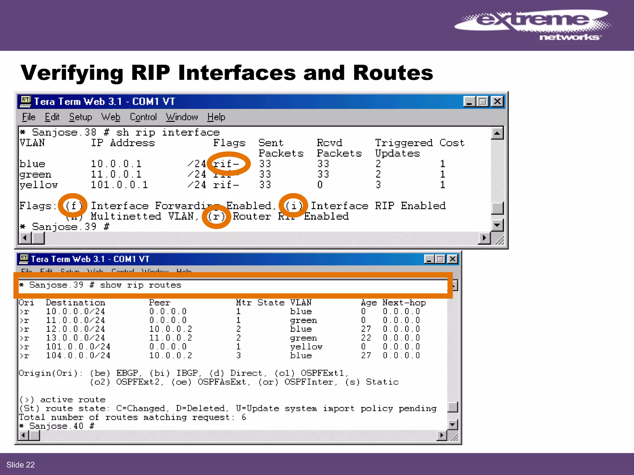 Slide 22
Verifying RIP Interfaces and Routes
 