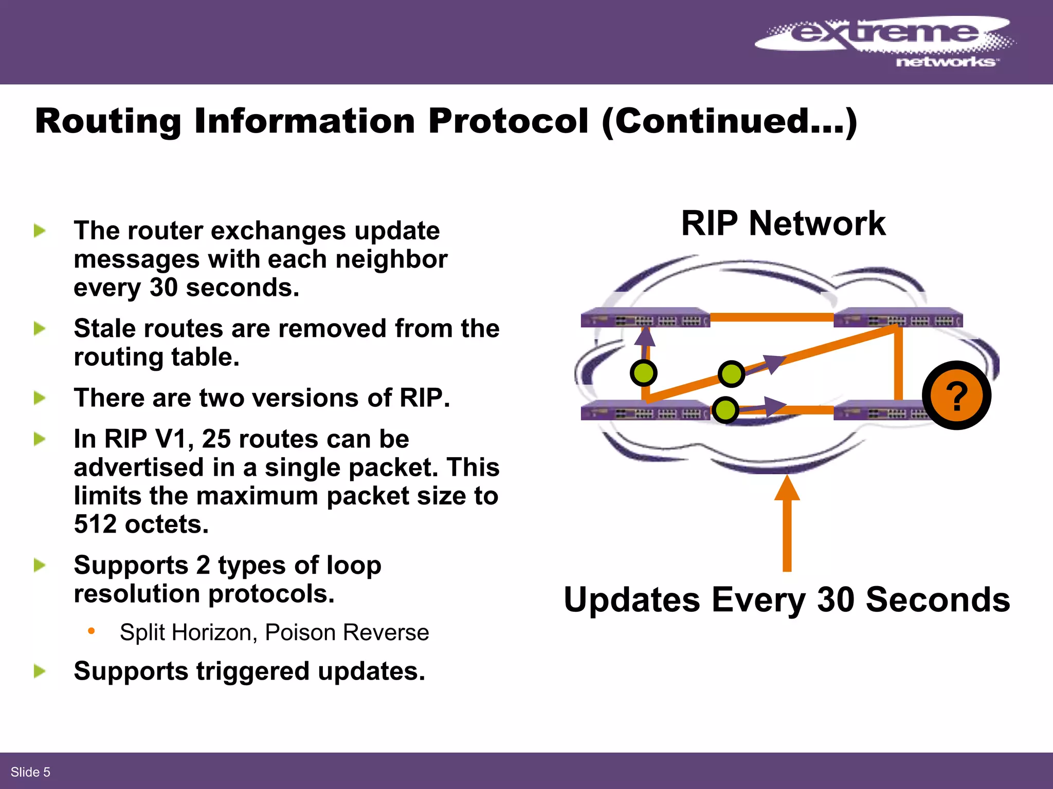 Slide 5
Routing Information Protocol (Continued…)
The router exchanges update
messages with each neighbor
every 30 seconds.
Stale routes are removed from the
routing table.
There are two versions of RIP.
In RIP V1, 25 routes can be
advertised in a single packet. This
limits the maximum packet size to
512 octets.
Supports 2 types of loop
resolution protocols.
• Split Horizon, Poison Reverse
Supports triggered updates.
RIP Network
Updates Every 30 Seconds
?
 