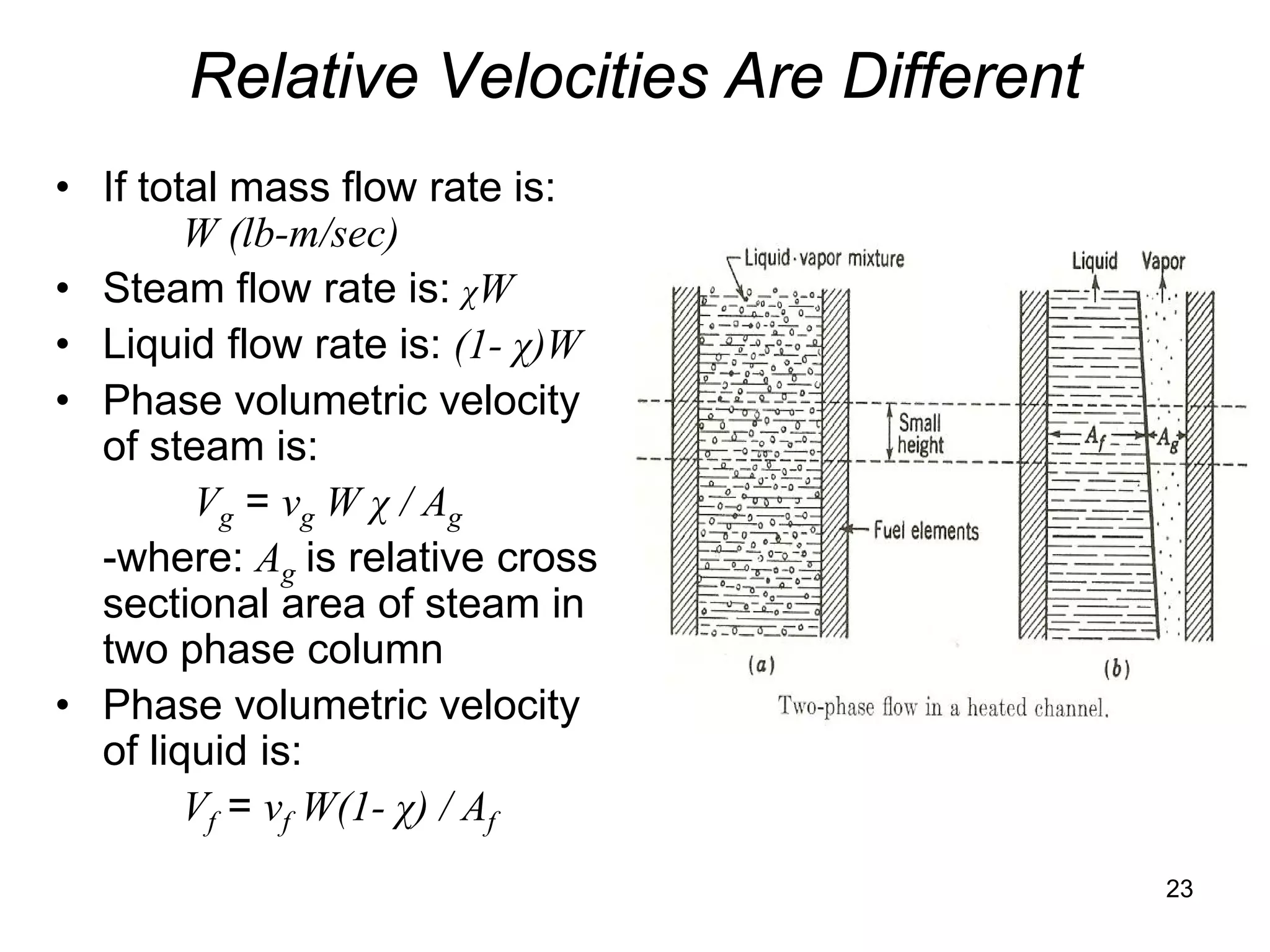 Relative Velocities Are Different
• If total mass flow rate is:
        W (lb-m/sec)
• Steam flow rate is: χW
• Liquid flow rate is: (1- χ)W
• Phase volumetric velocity
  of steam is:
        Vg = vg W χ / Ag
  -where: Ag is relative cross
  sectional area of steam in
  two phase column
• Phase volumetric velocity
  of liquid is:
        Vf = vf W(1- χ) / Af
                                           23
 