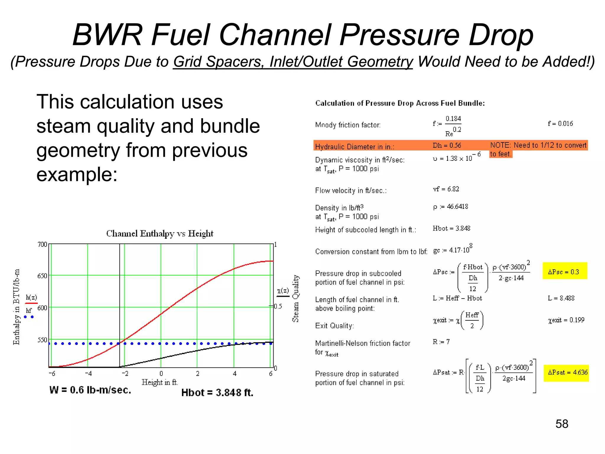 BWR Fuel Channel Pressure Drop
(Pressure Drops Due to Grid Spacers, Inlet/Outlet Geometry Would Need to be Added!)

   This calculation uses
   steam quality and bundle
   geometry from previous
   example:




                                                                             58
 