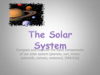 4.S.4.1.1
Compare and contrast the basic components
  of our solar system (planets, sun, moon,
   asteroids, comets, meteors). (594.01b)
 