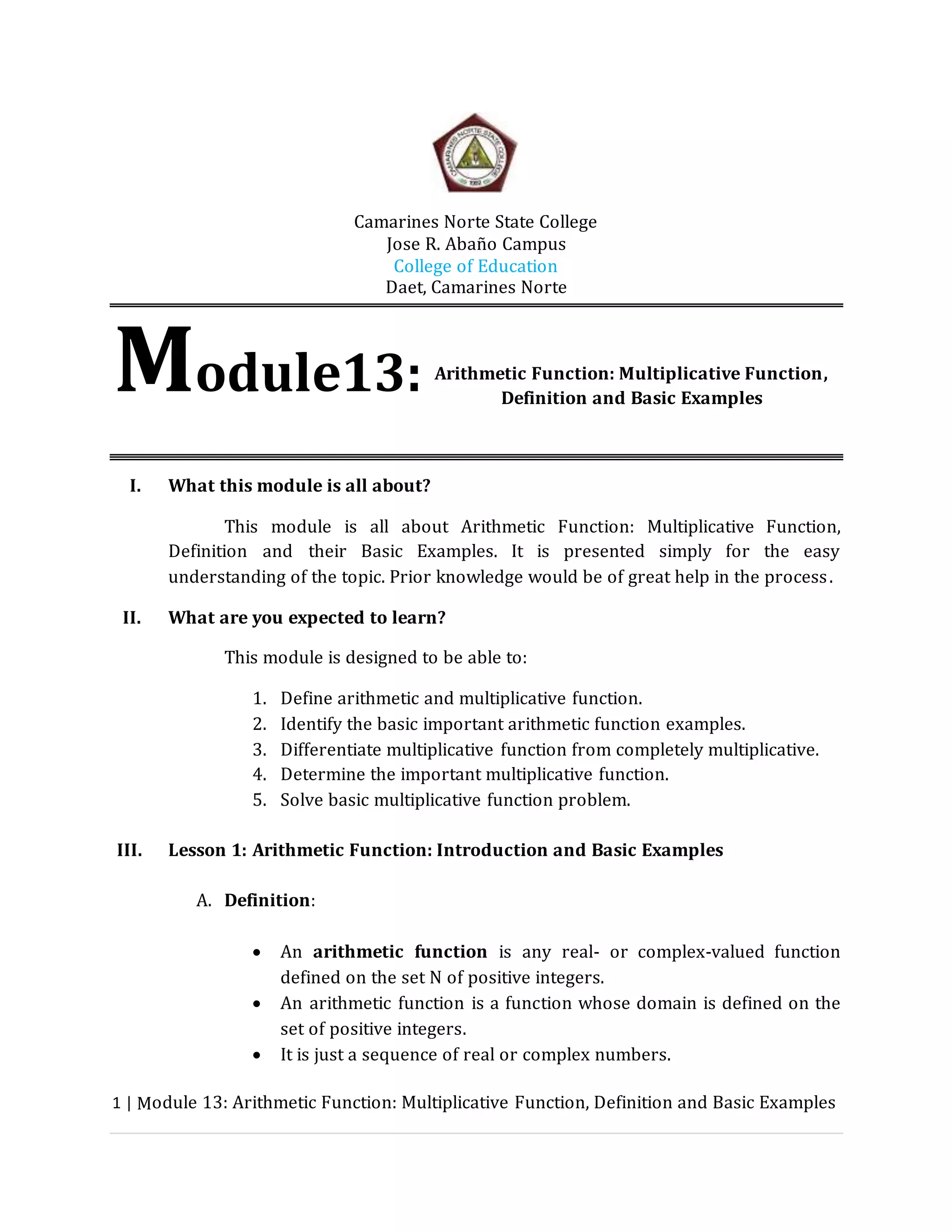 Module 13: Arithmetic Function: Multiplicative Function; Definition and ...