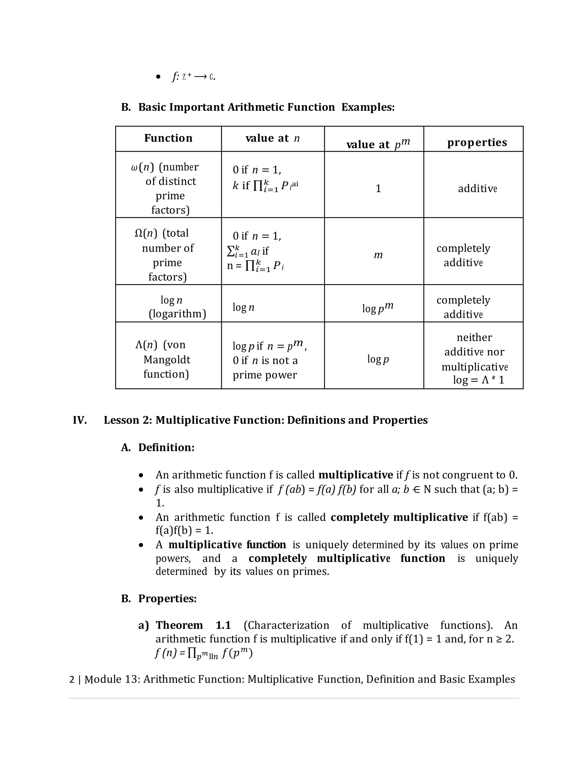 Module 13: Arithmetic Function: Multiplicative Function; Definition and ...