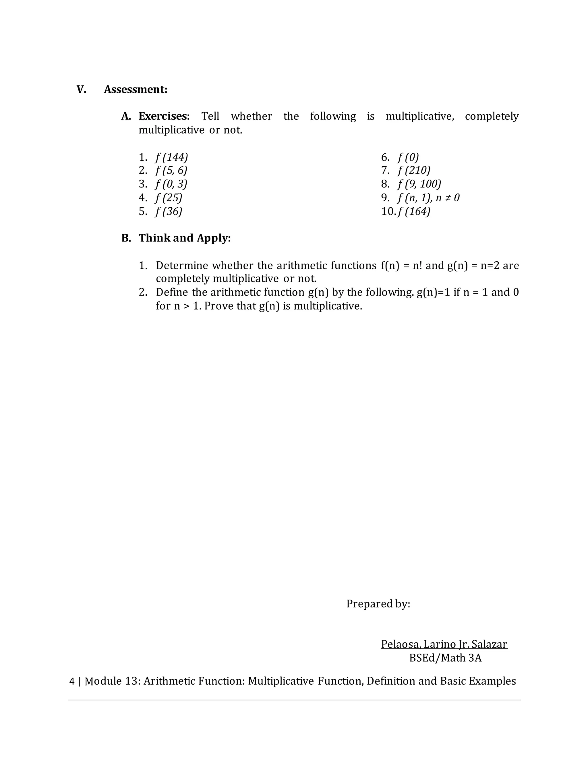 Module 13: Arithmetic Function: Multiplicative Function; Definition and ...