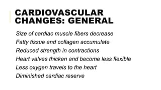 CARDIOVASCULAR
CHANGES: GENERAL
Size of cardiac muscle fibers decrease
Fatty tissue and collagen accumulate
Reduced strength in contractions
Heart valves thicken and become less flexible
Less oxygen travels to the heart
Diminished cardiac reserve
 
