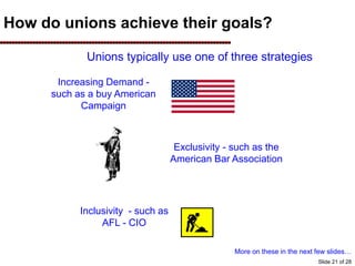 How do unions achieve their goals?
Unions typically use one of three strategies
Increasing Demand -
such as a buy American
Campaign
Inclusivity - such as
AFL - CIO
More on these in the next few slides…
Exclusivity - such as the
American Bar Association
Slide 21 of 28
 