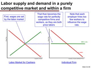 Labor supply and demand in a purely
competitive market and within a firm
Labor Market for Cashiers Individual Firm
First, wages are set
by the labor market
Note that each
employer hires too
few workers to
influence the wage
rate.
That than becomes the
wage rate for perfectly
competitive firms and
workers, as they are both
price takers
Slide 6 of 28
MFC (=S)
 