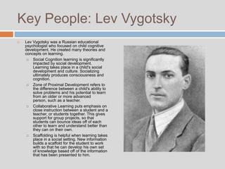 Key People: Lev Vygotsky
   Lev Vygotsky was a Russian educational
    psychologist who focused on child cognitive
    development. He created many theories and
    concepts on learning.
      Social Cognition learning is significantly
        impacted by social development.
        Learning takes place in a child's social
        development and culture. Socializing
        ultimately produces consciousness and
        cognition.
      Zone of Proximal Development refers to
        the difference between a child's ability to
        solve problems and his potential to learn
        from an older or more advanced
        person, such as a teacher.
      Collaborative Learning puts emphasis on
        close instruction between a student and a
        teacher, or students together. This gives
        support for group projects, so that
        students can bounce ideas off of each
        other to learn and understand better than
        they can on their own.
      Scaffolding is helpful when learning takes
        place in a social setting. New information
        builds a scaffold for the student to work
        with so that he can develop his own set
        of knowledge based off of the information
        that has been presented to him.
 