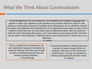 What We Think About Constructivism

    As far as teaching in my own classroom, it's important as an English Language Arts
   teacher to allow your students to ask questions and mention their own points of view.
  Having a constructivist classroom increases their willingness to do so, therefore making
 the lesson more effective and interesting for all. Constructivism also plays on parts of the
   student's minds that may not have been used as effectively before. Not only does this
  make for more interesting discussions, but it also opens up new areas of their mind that
  can be used in future learning. I definitely plan to use constructivism in some way in my
                                           classroom.
                                           - A. Hutton

   This is a perfect way of teaching in my        I became interested in teaching because
  own classroom, because it demands my               I wanted to inspire thought within my
  students' attention and they cannot help          students. With some of the theories of
   but learn something because they are            constructivism I can get my students to
         actively pursuing answers.                actively participate and use their minds.
              - J. Scarborough                                     -A. Warren
 